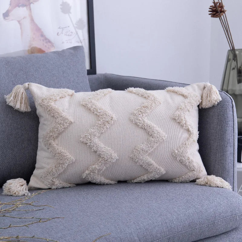 Decorative pillow with tassels on a gray sofa in a living room setting.