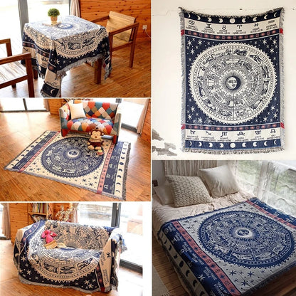 Boho Chenille Woven Colorful Aztec Throw Blanket Zodiac