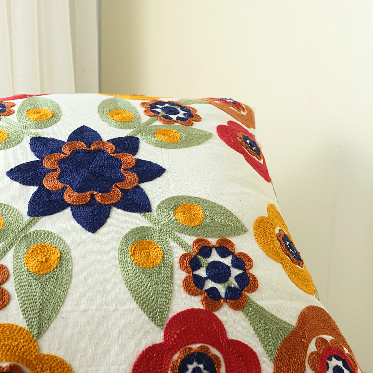 Boho Floral Embroidered Pillow Cover - Vibrant Canvas Decor