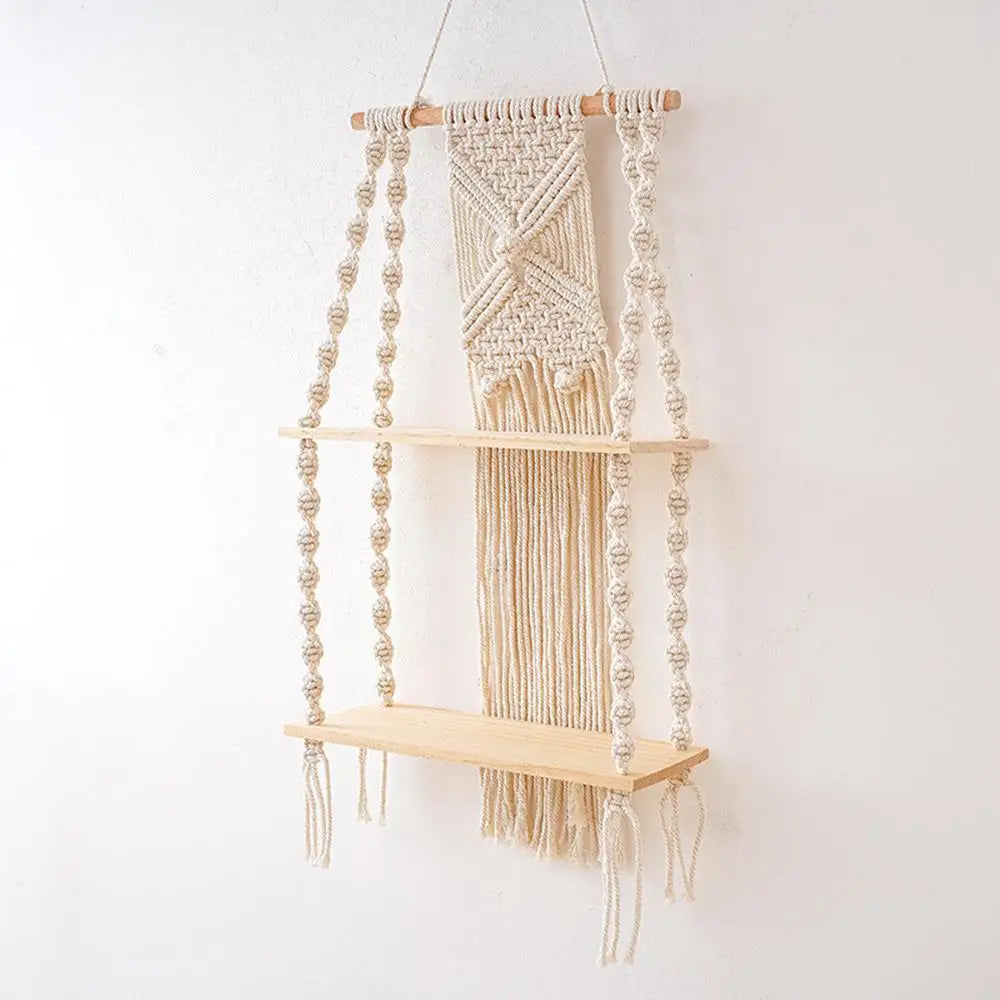 2 Tier Macrame Wall Hanging Floating Shelf Natural Cotton Rope Boho Home Decor Wooden Shelves Candle Holder Hangings Shelving