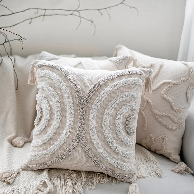 Bohemian Tufted Cushion Cover 45 x 45cm Geometric Circles Rainbow Tassels Throw Pillow Cover Pillowcase Beige Cotton Home Decorative Cushions for Sofa or Bed Boho Home Decor