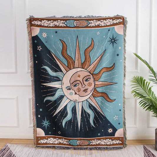 Moon and Sun Throw Blanket Sofa Cover Decorative Tassels Cotton Woven Couch Bed Boho Throws European Blankets 1Pc