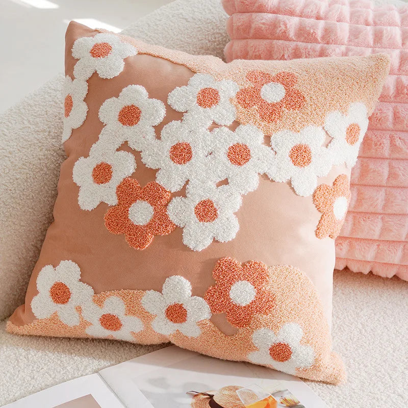 Embroidered Flower Throw Pillow Covers – Boho Cotton Cushion Covers for Bed, Sofa & Home Decor Housewarming Gift for Boho Lover 