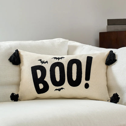 Boo! Halloween maple pumpkin throw pillow cover with festive lettering, autumn-themed decorative cushion for sofa, bed, and seasonal home decor