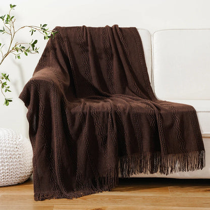 Boho Knit Throw Blanket – Soft Lightweight Acrylic Blanket with Tassels