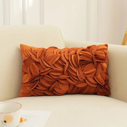 Orange decorative pillow on a beige sofa with a neutral background. Romantic embroidered French cushion cover 18x18 inch decorative pillow