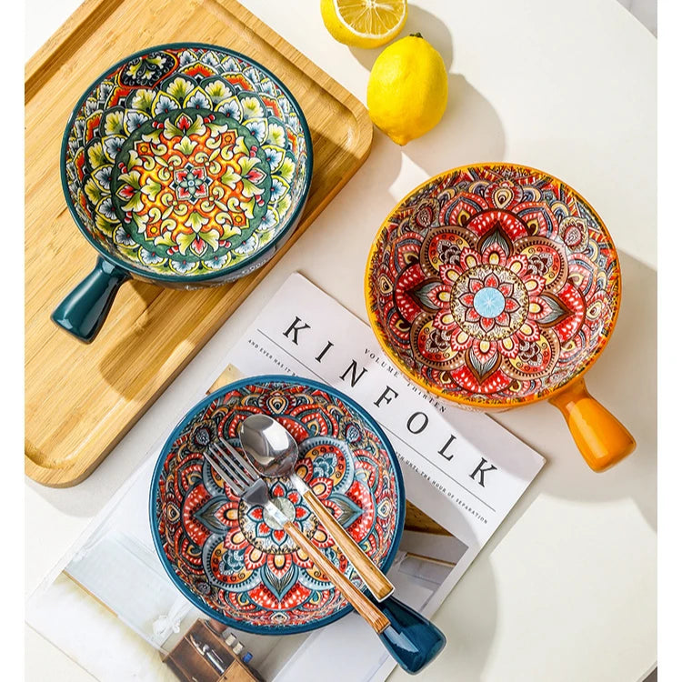 Bohemian Ceramic Single Handle Bowl – Artistic Bowl for Soups, Noodles & More