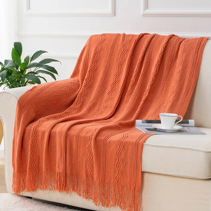 Boho Knit Throw Blanket – Soft Lightweight Acrylic Blanket with Tassels