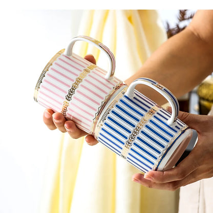 Ivory Porcelain & Gold-Plated Ceramic Bathroom Set – Pink Stripes