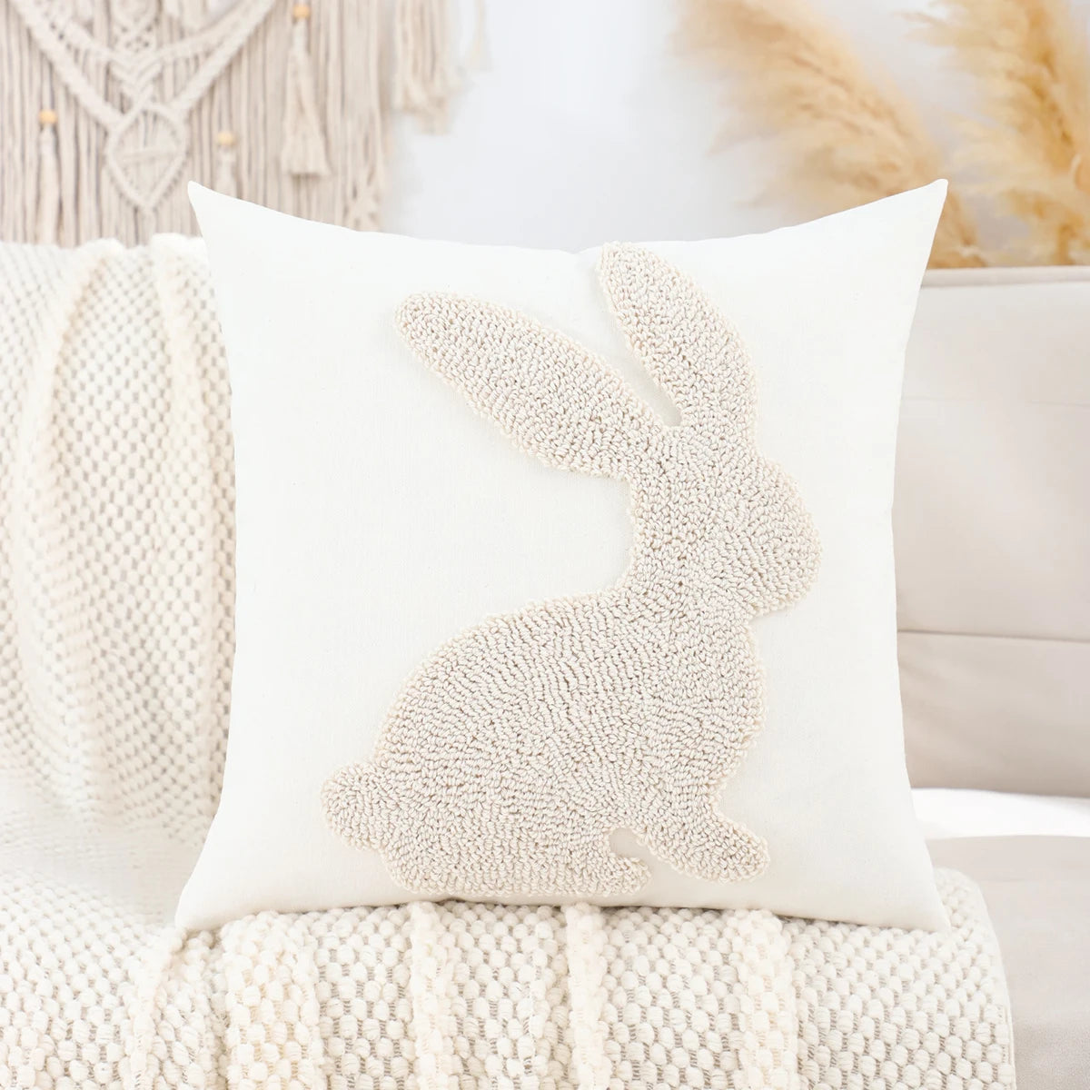 Easter Rabbit Canvas Tufted Throw Pillow Cover – Decorative 45x45 cm Cushion for Sofa & Bed