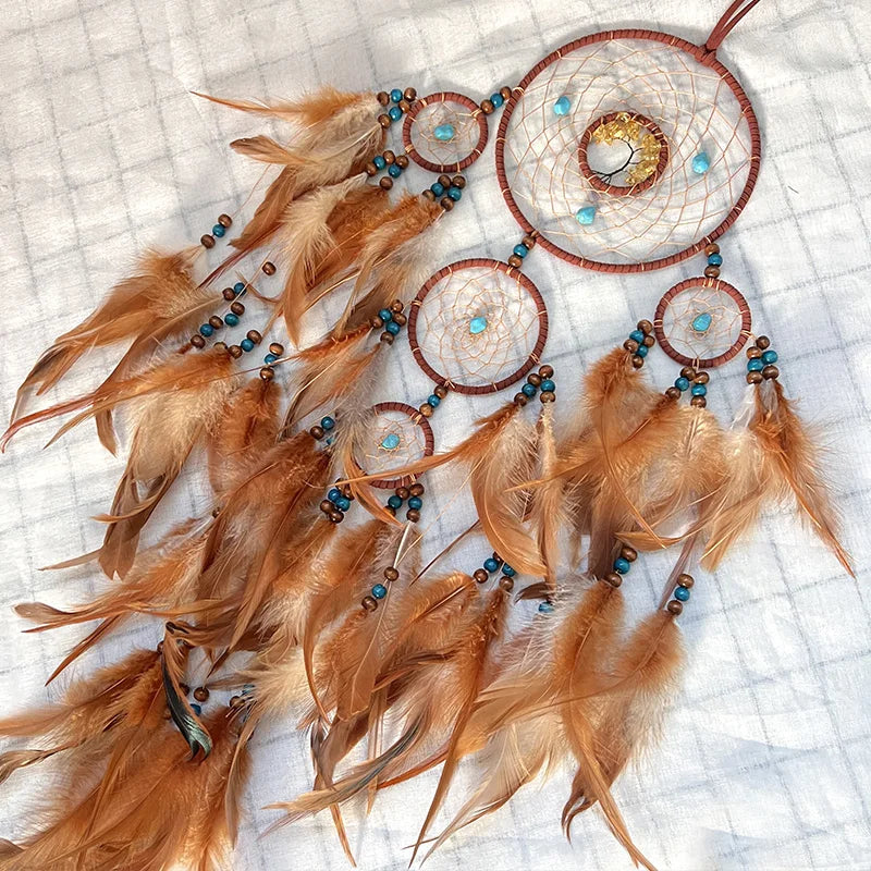 Dreamcatcher Hanging Ornament Home Decor Natural Stones Tree of Life Dream Feather Dream Catcher Wall Decor Bedroom Feathers