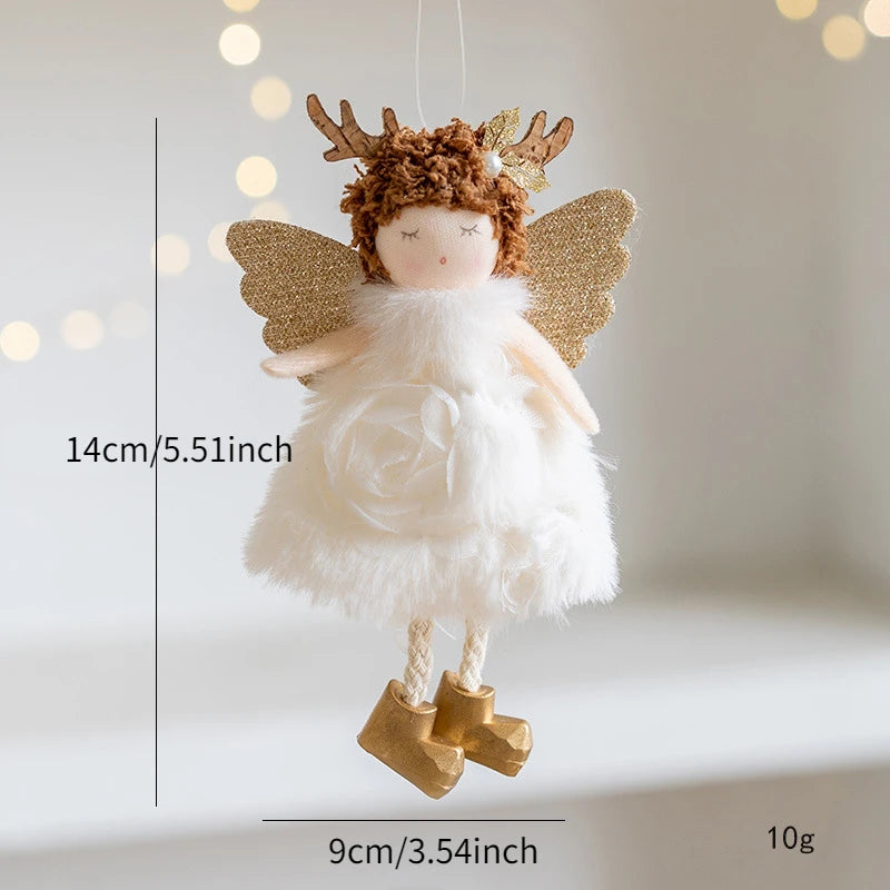 Decorative angel figurine Christmas Ornament with gold wings and antlers, hanging against a soft background.