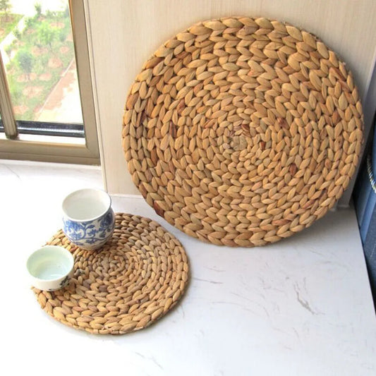 Natural Straw Rattan Placemats – Handwoven Boho Cup & Table Mats for Rustic Dining Decor