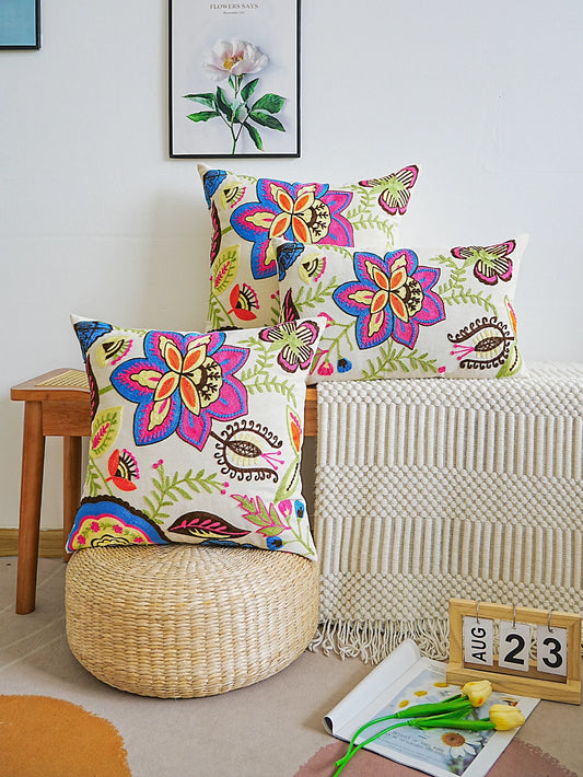 Boho Home Decor Embroidered Floral Cushion Cover – Colorful Flower Pillowcase