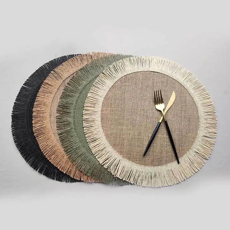 Boho Home Decor Hand-Woven Round Braided Placemats – Eco-Friendly Fringe Table Mats for Dining & Kitchen