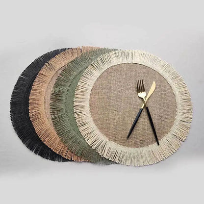Boho Home Decor Hand-Woven Round Braided Placemats – Eco-Friendly Fringe Table Mats for Dining & Kitchen