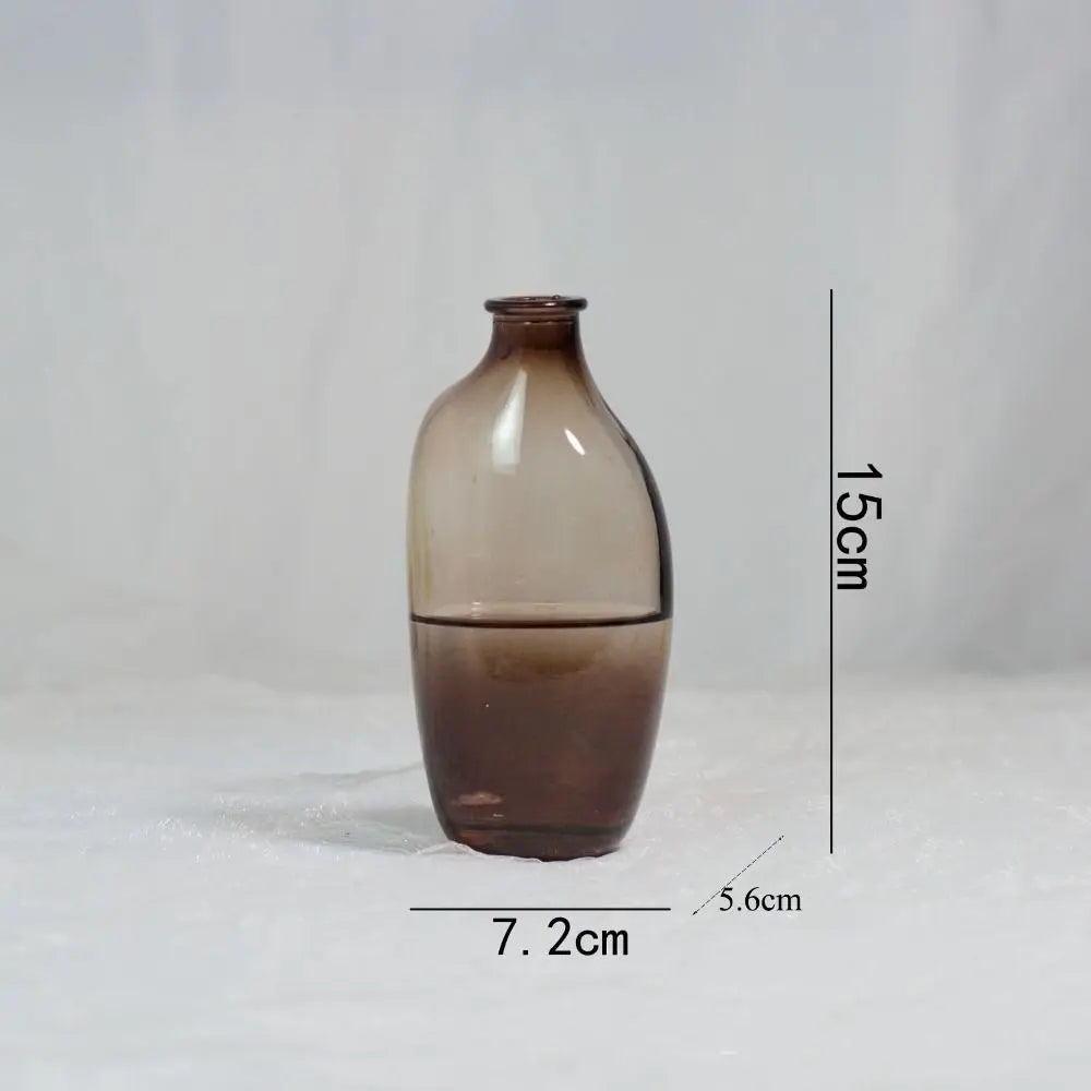 Smoky glass vase with measurements on a white background