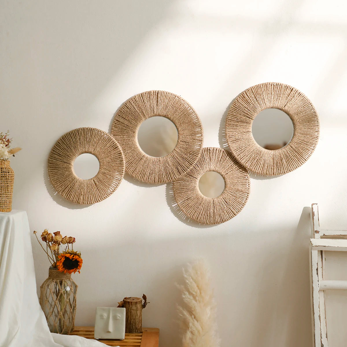 Round Wall Mirror Hanging Decorative Mirrors With Woven Hemp Rope Boho Wall Decor for Bedroom Living Room