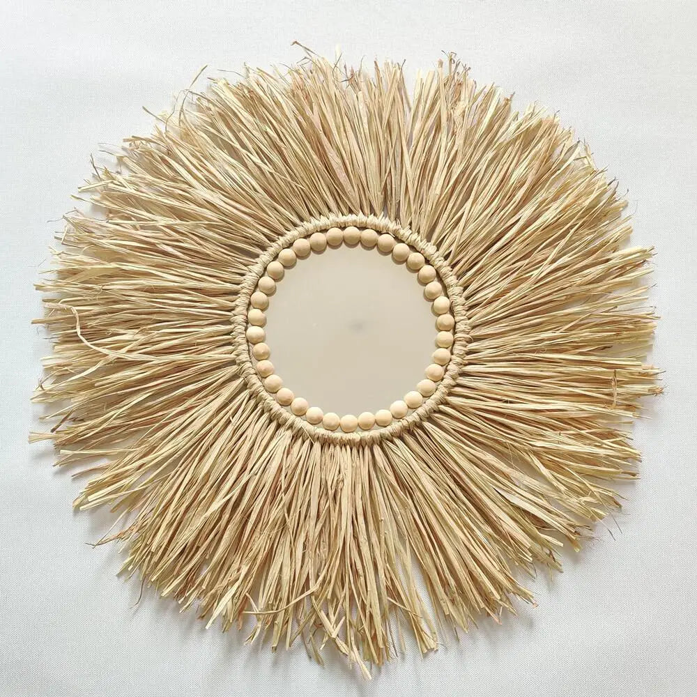 Round decorative mirror with raffia frame on a white background boho home decor, boho wall mirror, macrame wall mirror, nordic decor, romantic wedding wall decoration, housewarming gift, round straw mirror, woven wall decor, tapestry mirror, boho bedroom wall accent, rustic mirror wall hanging