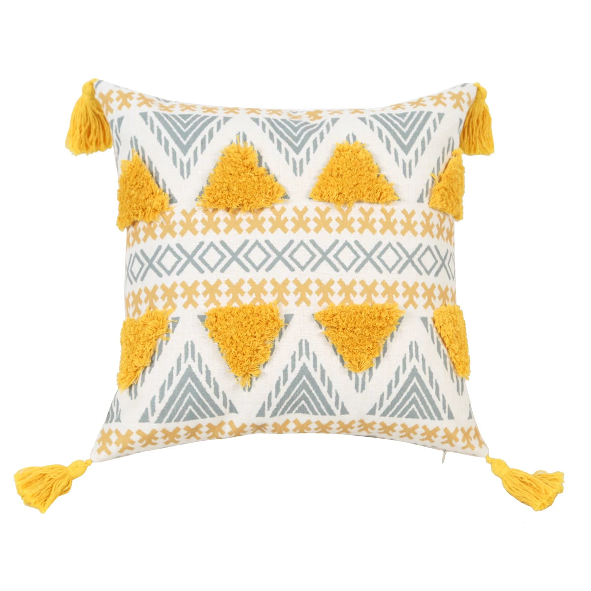 Yellow Geometric Tufted Throw Pillow Cover with Tassels – 18x18in Boho Home Decor Accent for Couch, Sofa & Bed Housewarming Gift