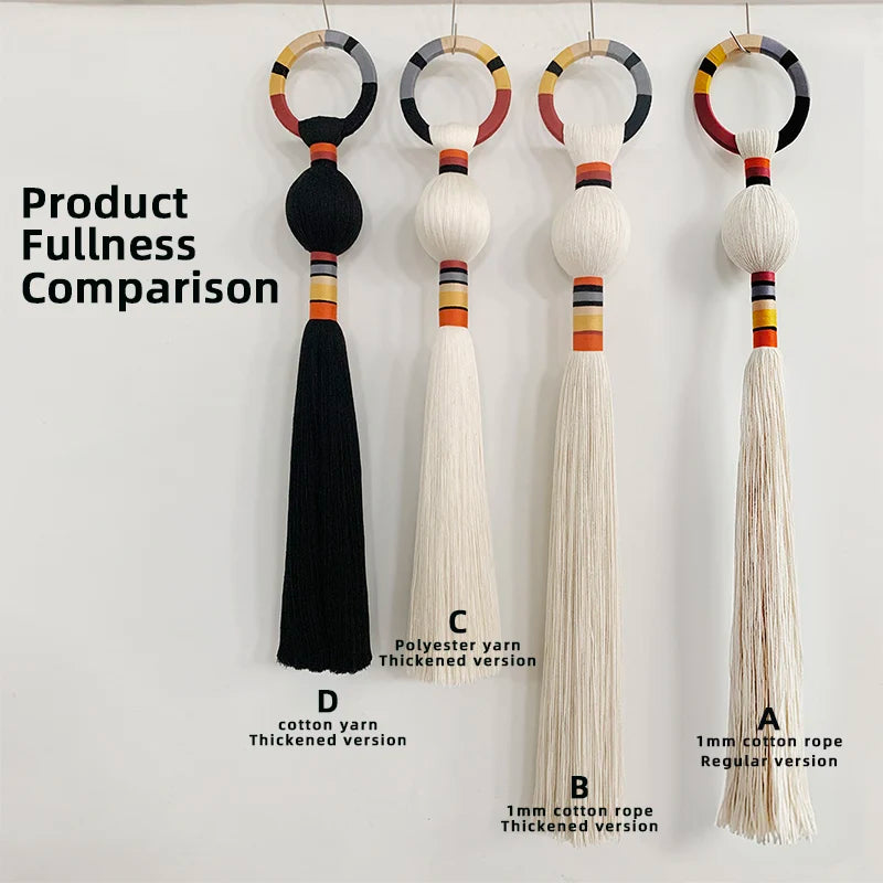 Comparison of tassel product fullness with labels on a white background. boho macrame wall art