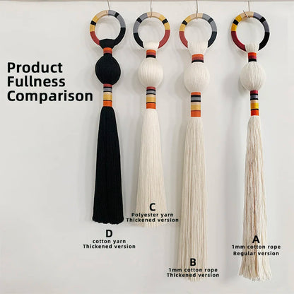 Comparison of tassel product fullness with labels on a white background. boho macrame wall art
