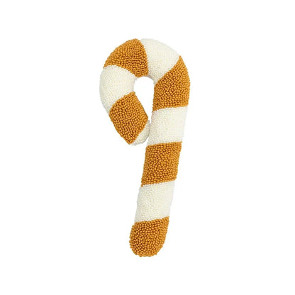 Striped candy cane-shaped object with white and orange colors on a white background