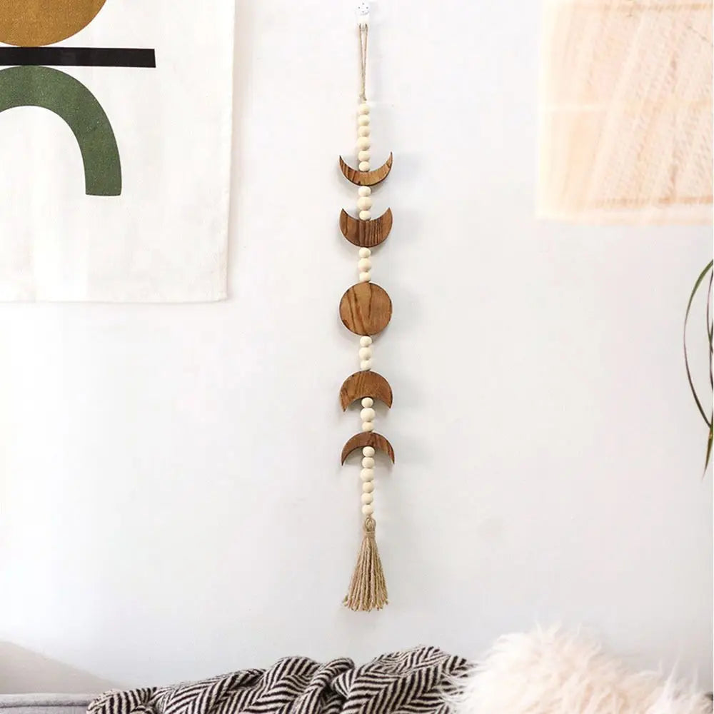 Wood Moon Phase Wall Hanging Boho Tassel Celestial Ornament Wood Bead Garland Living Room Wall Decor Home Decoration