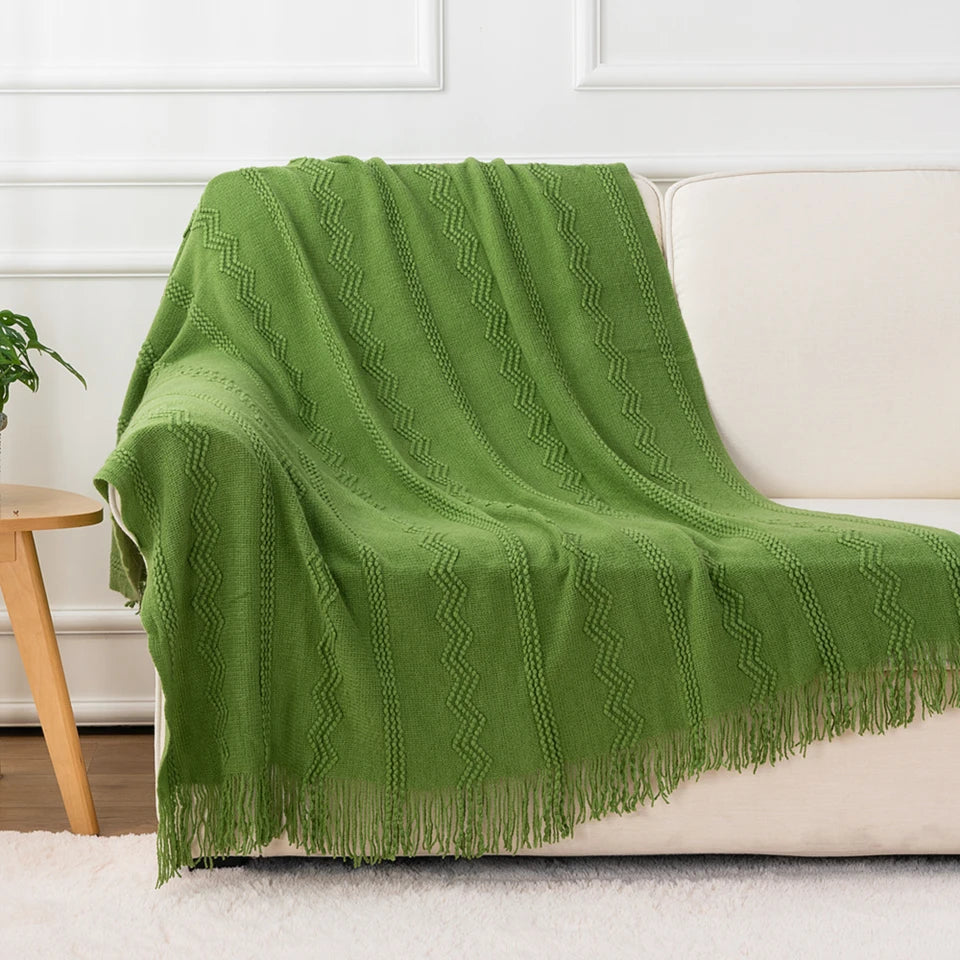 Boho Knit Throw Blanket – Soft Lightweight Acrylic Blanket with Tassels