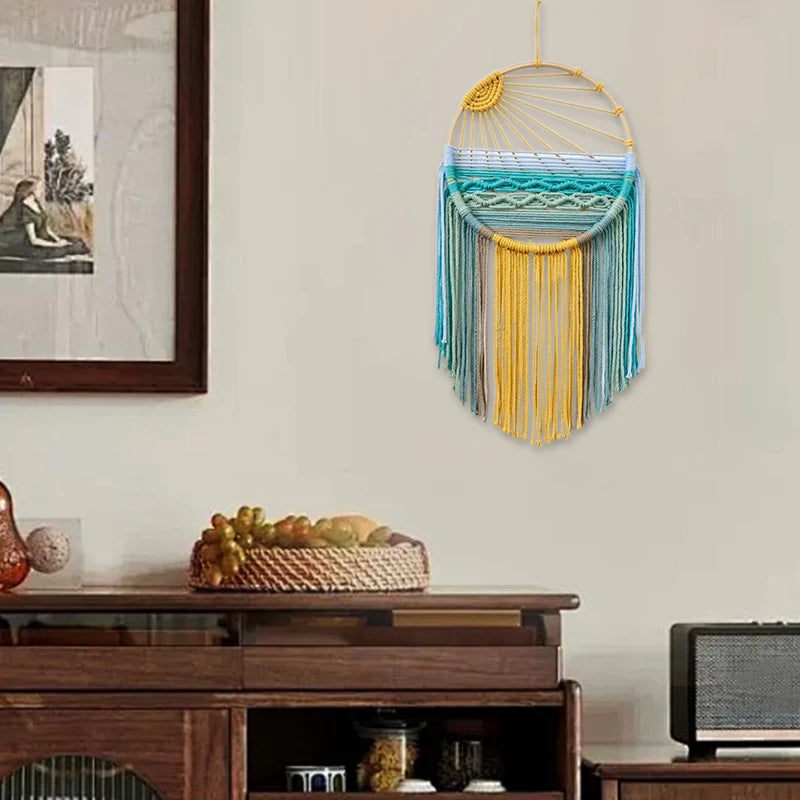 Sunrise & Sunset woven boho wall hanging displayed on wall, Nordic style cotton tapestry featuring warm earthy tones, perfect for boho home decor and eclectic interior design ideas, adds cozy bohemian vibes and textured aesthetic home decor to any living room or bedroom.