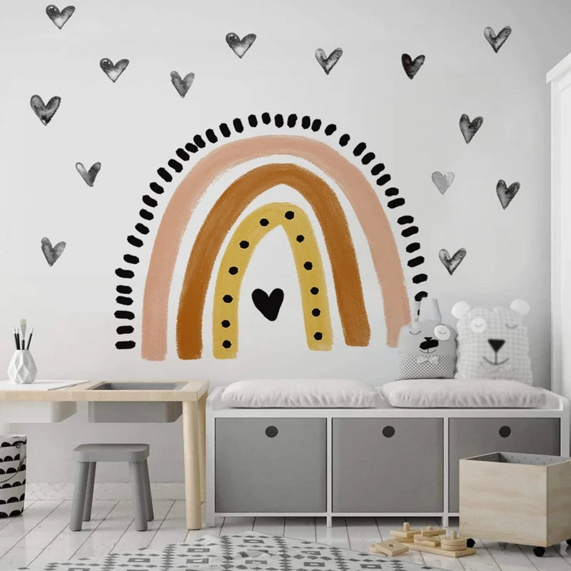 Boho Large Rainbow Beige Pink Watercolor Wall Sticker Vinyl DIY Removable Wall Decals Nursery Girls Room Playroom Home Decor Flowers Clouds Butterflies Hearts