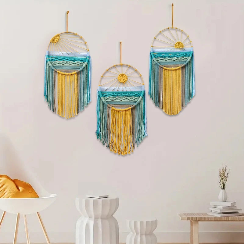 Sunrise & Sunset woven boho wall hanging displayed on wall, Nordic style cotton tapestry featuring warm earthy tones, perfect for boho home decor and eclectic interior design ideas, adds cozy bohemian vibes and textured aesthetic home decor to any living room or bedroom.