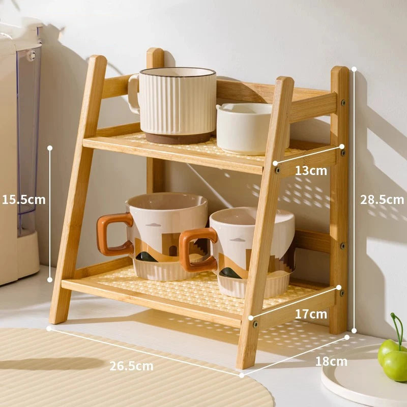 Wooden shelf with kitchen items and measurements on a light background 2-tier bamboo countertop organizer shelf in walnut and blonde finish, multipurpose coffee cup holder and storage rack for kitchen, bathroom, or vanity