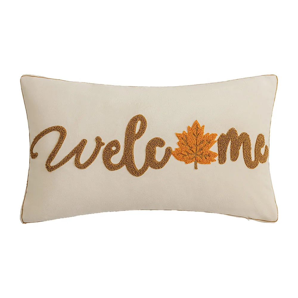 Decorative pillow with 'Welcome' text and a leaf on a white background Autumn velvet embroidered pumpkin pillow cover, Nordic-style decorative cushion for sofa, bed, and fall boho home decor