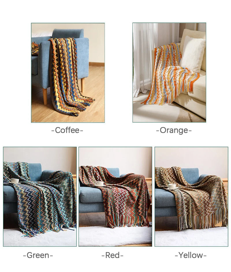 My Boho Home throw blanket with tassels, featuring zig zag stripes and a woven texture—showing the options of 5 colors Coffee, Orange, Green, Red & Yellow