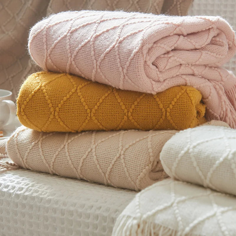 Soft Knit Boho Throw Blanket – Lightweight Acrylic Travel & Home Decor Accent with Fringe