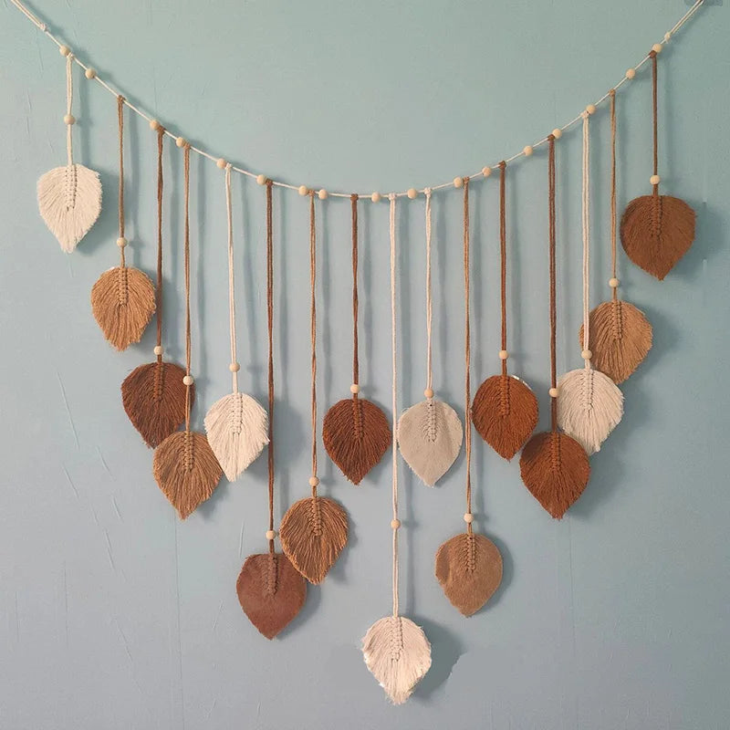 Boho Home Decoration Macrame Tapestry Leaf Feather Wall Hanging Decor for Living Room Bedroom Wall Art