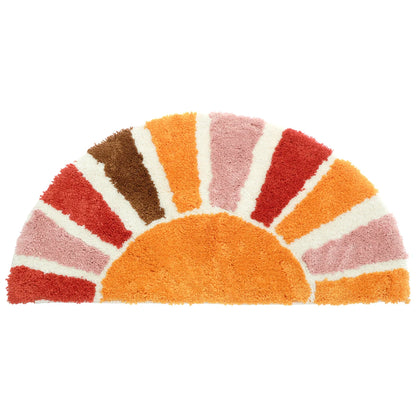 Colorful sun-shaped doormat with a gradient of orange, red, and pink on a white background boho home decor, sunflower door mat, half circle rug, plush entry mat, non-slip bath mat, boho floor mat, floral floor rug, bathroom rug, farmhouse decor, cozy home gift, housewarming gift, living room mat, pastel home accents, cute doormat