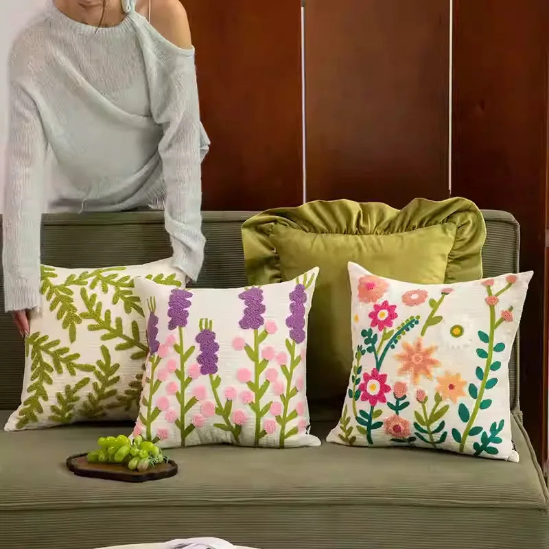 Flower Embroidered Throw Pillow Cover – Floral Cushion Cover for Boho Home Decor