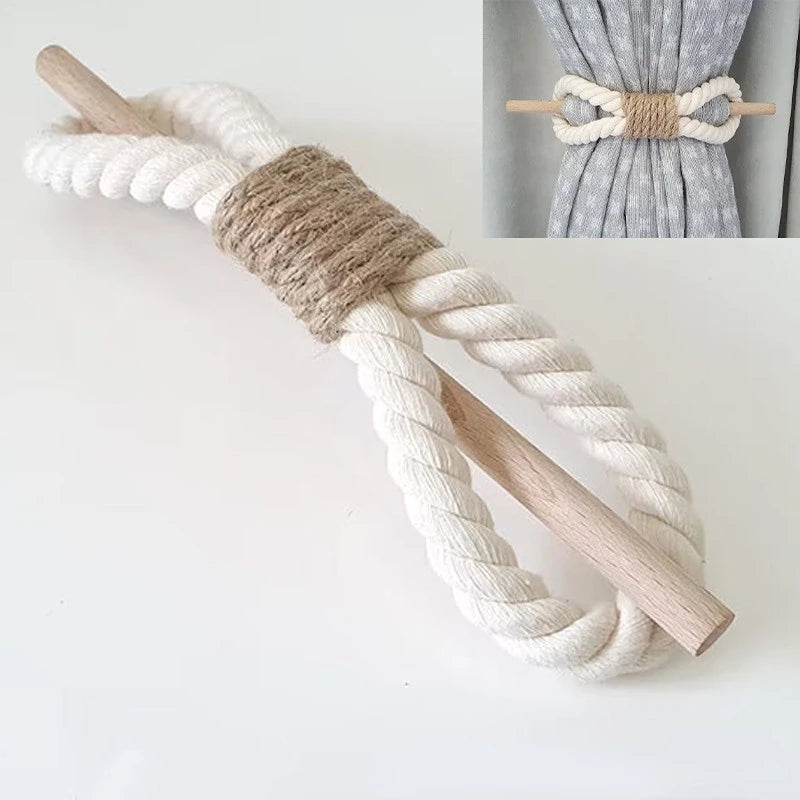 Curtain tieback with white rope and wooden ends on a light background boho home decor, curtain tie back, wooden curtain buckle, nordic home accessory, hemp rope curtain tie, rustic window decor, boho curtain accessory, modern farmhouse, minimalist curtain hold, housewarming gift idea