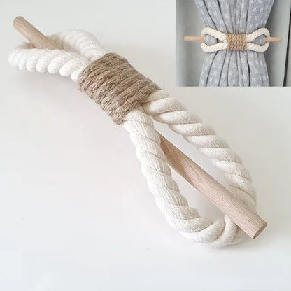 Curtain tieback with white rope and wooden ends on a light background boho home decor, curtain tie back, wooden curtain buckle, nordic home accessory, hemp rope curtain tie, rustic window decor, boho curtain accessory, modern farmhouse, minimalist curtain hold, housewarming gift idea