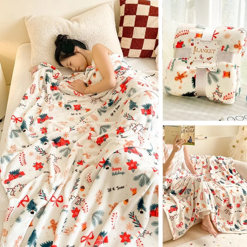 Person wrapped in a festive blanket with Christmas designs, shown in various settings.