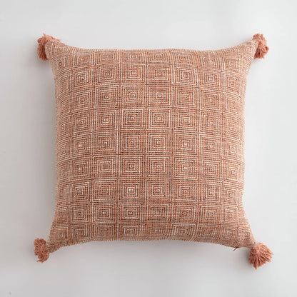 Orange linen tassels cushion cover styled on modern sofa, decorative boho throw pillow for living room, bed, or chair, perfect for cozy home vibes and housewarming gift ideas. Square and Rectangle.