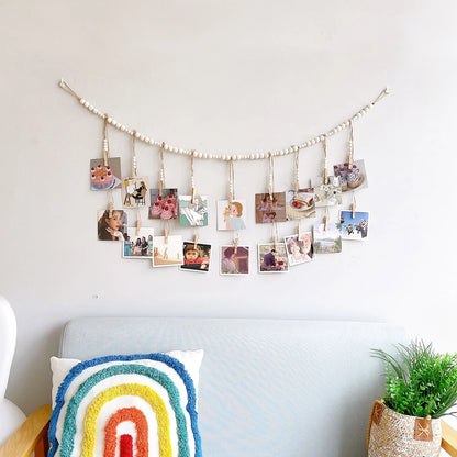 Boho Wall Hanging Photo Display with Wooden Beads & Clips – Rustic Collage Picture Holder Decor