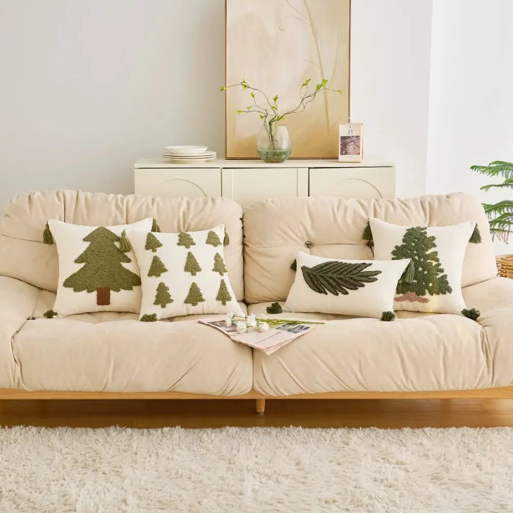 Tufted Pine Tree Winter Cushion Cover with Tassels