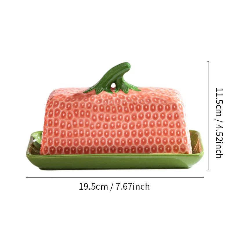 Strawberry-Shaped Ceramic Butter Dish with Lid – Cute Kitchen Storage Box