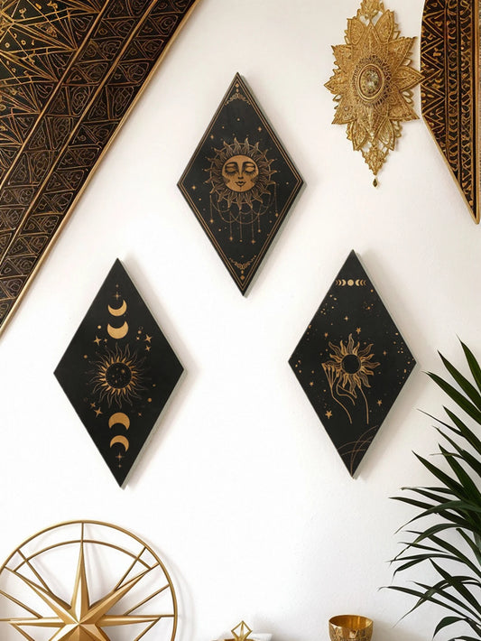 Decorative wall art pieces with celestial designs on a white wall. boho home decor, wooden witchy wall hanging, moon phase wall art, gothic home decor, celestial wall pediment, snake wall hanging, sun and moon wall decor, spiritual home accents, mystical bedroom art, witchy housewarming gift