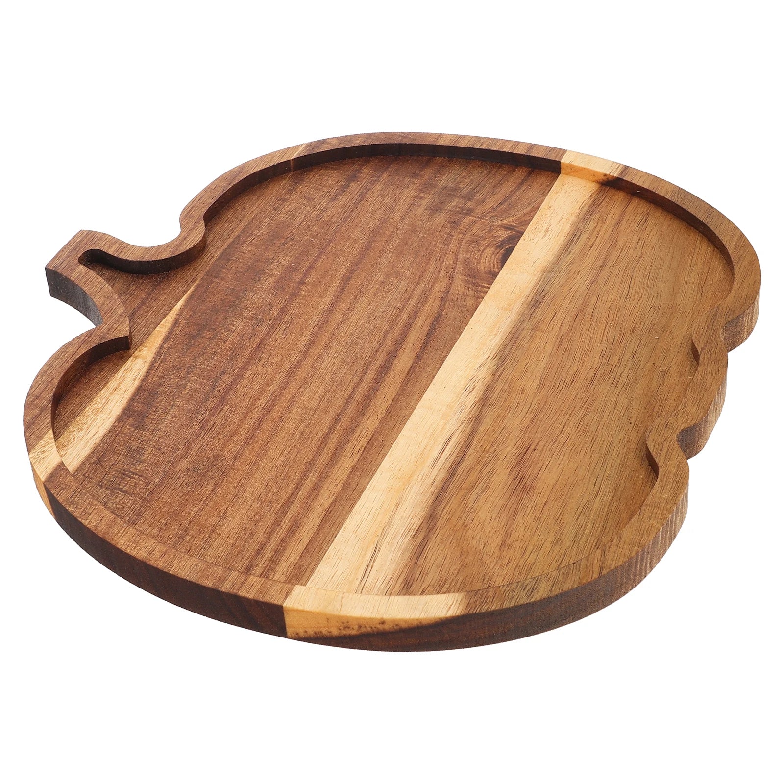 Wooden cutting board with a curved edge on a white background. Rustic wooden pumpkin serving platter with natural grain, charcuterie board for Thanksgiving snacks, Halloween desserts, and fall entertaining