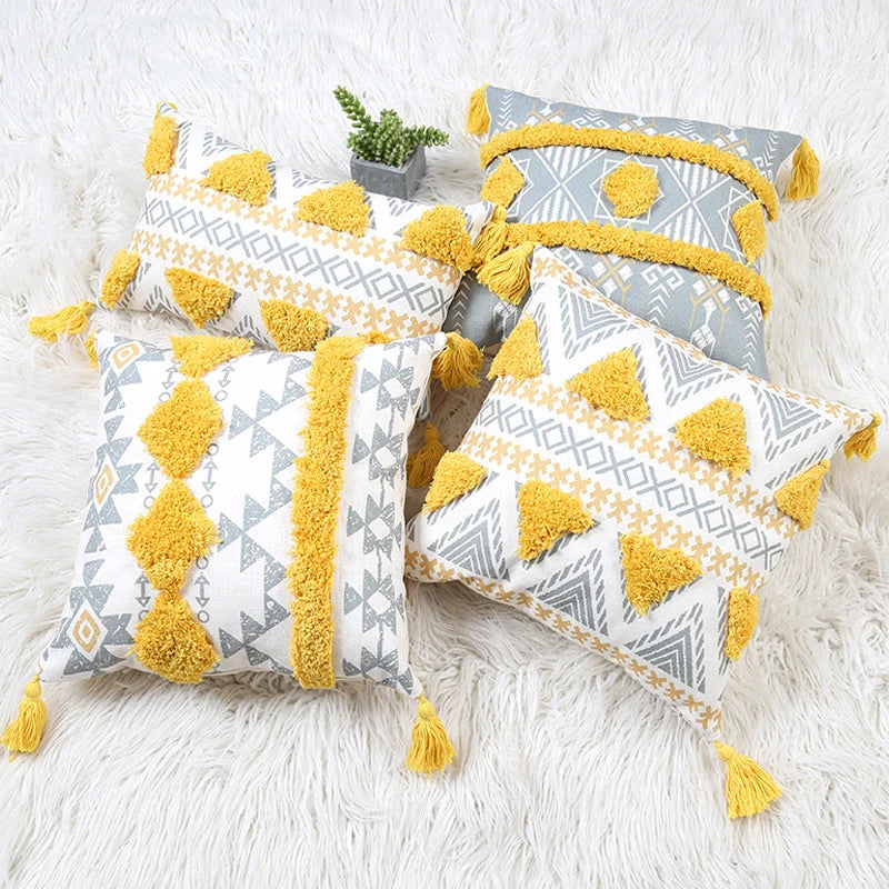 Yellow Geometric Tufted Throw Pillow Cover with Tassels – 18x18in Boho Home Decor Accent for Couch, Sofa & Bed Housewarming Gift