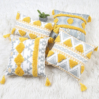 Yellow Geometric Tufted Throw Pillow Cover with Tassels – 18x18in Boho Home Decor Accent for Couch, Sofa & Bed Housewarming Gift